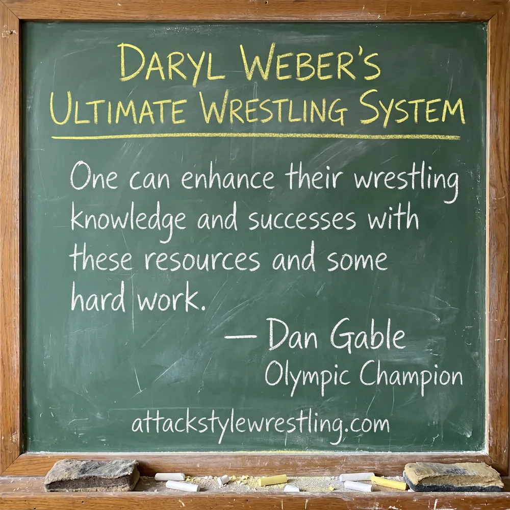 Dan Gable's chalkboard endorsement of Daryl Weber's Ultimate Wrestling System